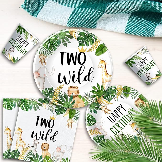 Jungle Animal Theme Two Wild Birthday Plates And Napkins Party Supplies - Safari Party Decorations For 2-Year-Old Birthday, Plate, Cup, Napkin | Serve 24