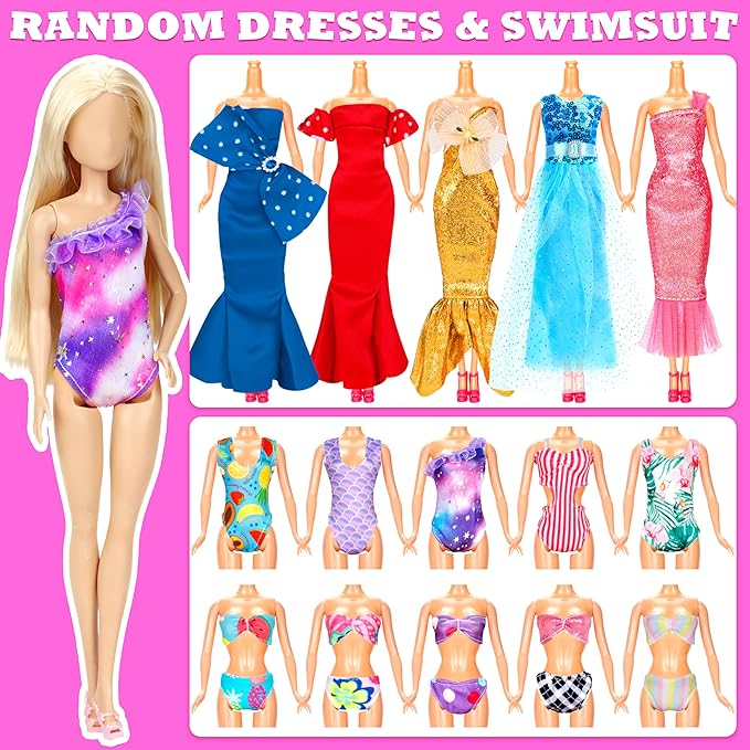 138 Pcs Doll Clothes and Accessories, 5 Wedding Gowns 9 Fashion Dresses 3 Tops 3 Pants 3 Bikini Swimsuits 20 Shoes for 11.5 inch Doll Christmas Stocking Stuffers Girls Gift Age 5-7 8-10