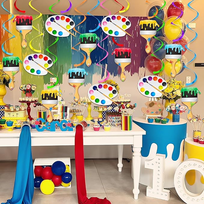 21pcs Art Painting Party Hanging Swirl Decorations Paint Brush and Palette Design Ceiling Streamers for Art Paint Birthday Party Artist Baby Shower Supplies