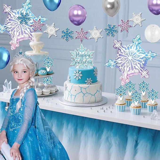 Frozen Birthday Party Decorations For Girls,Happy Birthday Backdrop,Banner,BlueBalloons,Table Cloth,Paper pom poms Party Supplies for Women