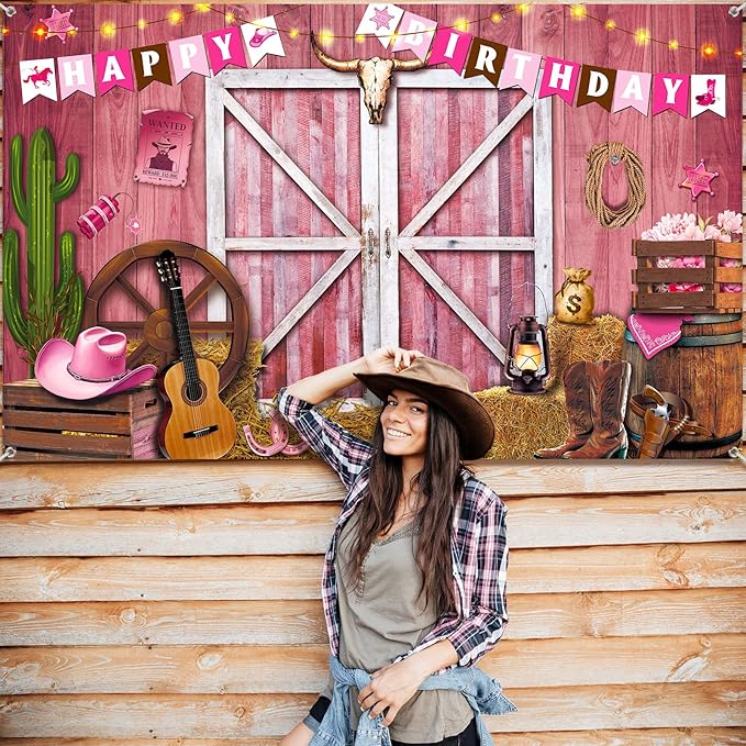 Breling Western Cowgirl Birthday Banner Cowboy Backdrop Photography Booth Prop Pink Cowgirl Party Background for Girls Cowboy Birthday Baby Shower Party Decorations Supplies, 71 x 43 Inch