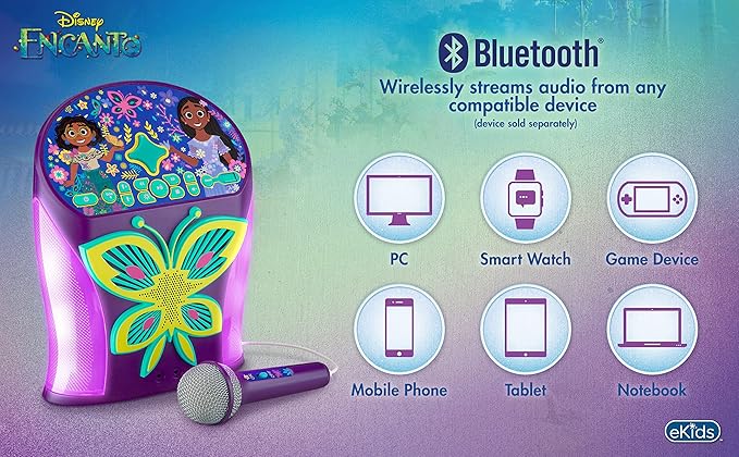 eKids Disney Encanto Karaoke Machine, Bluetooth Speaker with Microphone for Kids, with USB Port to Play Music, Easily Access Playlists with New EZ Link Feature