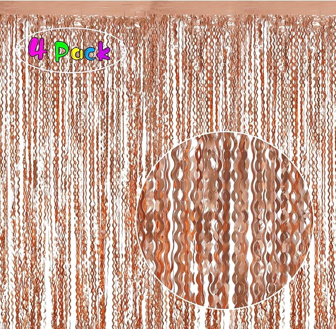 4 Pack Rose Gold Foil Curtain Birthday Decorations - 3.3x6.6ft Wavy Tinsel Foil Backdrop Party Streamer Party Supplies Background | Tinsel Curtain Backdrop for Parties