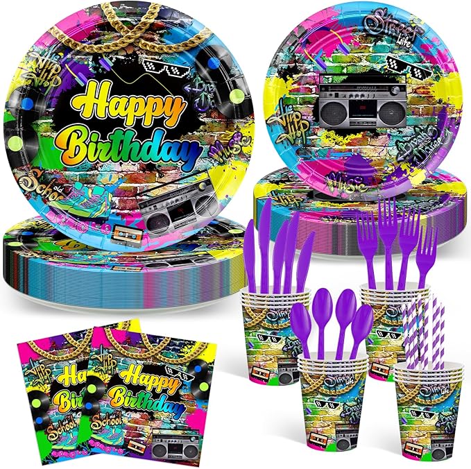 Avezano 192 Pcs 80’s Party Tableware Set 80s Birthday Hip Hop Party Table Decorations Supplies Retro 80s Theme Paper Plates, Napkins, Cups and Plastic Cutlery for 24 Guests