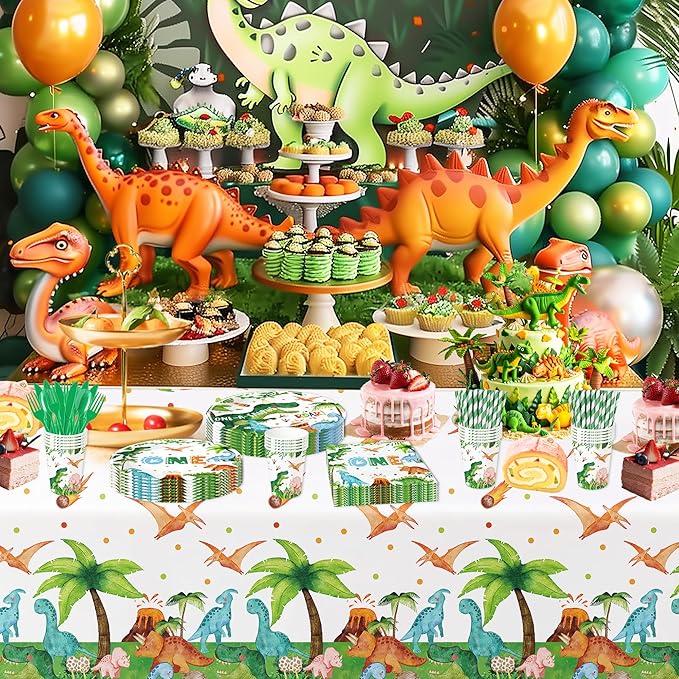 Dinosaur First Birthday Decorations Tableware - Dinosaur 1st Birthday Party Supplies For Boy, Paper Plate, Cup, Napkin, Fork, Dino Party Decorations, Serves 24