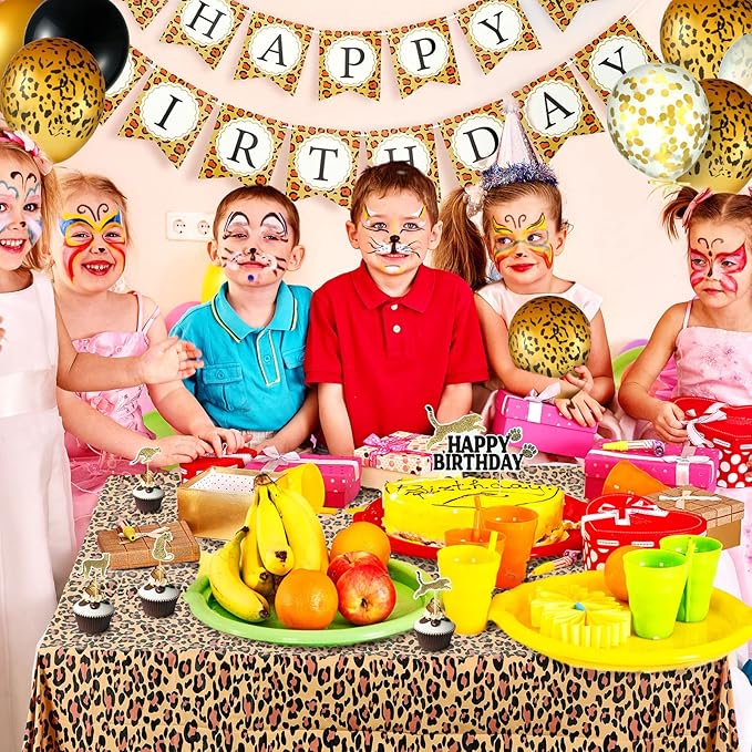 Civaner 51 Pieces Gold Cheetah Birthday Decorations Including Cheetah Birthday Banner Theme Balloons Leopard Cake Topper Safari Animal Print Tablecloth and Ribbon for Baby Shower Party Supplies