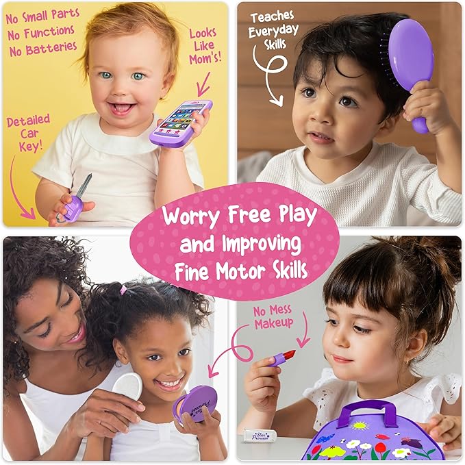 Play Purse for Toddlers with Accessories, Toddler Girl Toys 1 2 3 Years Old with Pretend Makeup, Keys, Smartphone, Toddler Toy Purse for Little Girls - Birthday Gift for Toddlers Girls Ages 2-3 Purple