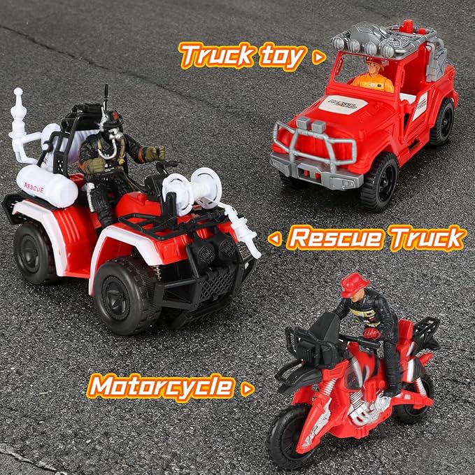 Kids Firefighter Action Figures Playset, Fireman Figures Toys with Tools, Red Fire Trucks, Army Vehicles, Helicopter, Soldiers Accessories, Play Mat, Birthday Gift for Boys