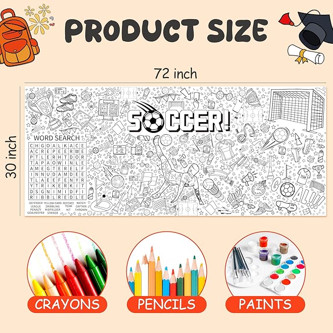 OHOME Soccer Giant Coloring Poster/Tablecloth - Soccer Themed Party Decorations - 30 x 72 Inches Jumbo Coloring Banner Kids Crafts Activities Decor Party Supplies