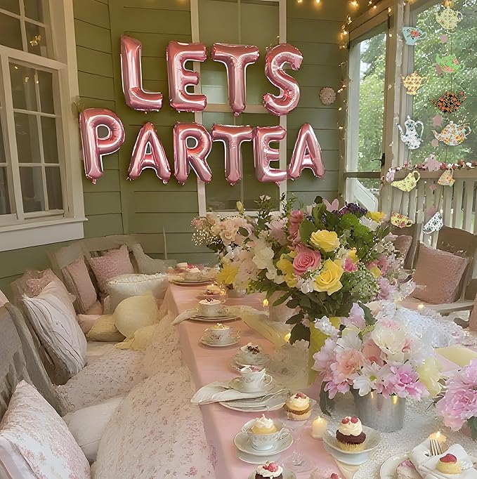 Let's Par Tea Decorations Tea Party Balloons Banner LET'S Par-Tea Foil Balloon Floral Teapots Teacups Balloons Banner Teacup banners for Birthday Baby Shower Wedding Party Supplies