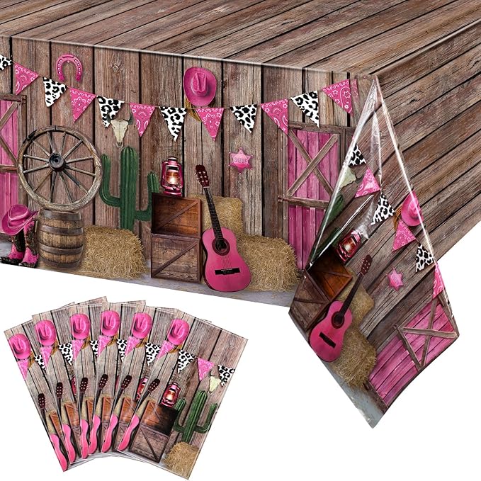 Tiamon 6 Pieces Western Party Tablecloth Cowgirl Table Cover Pink Western Cowgirl Plastic Tablecloth Disposable Wild West Table Cover for Baby Shower Birthday Party Supplies, 54 X108 Inch