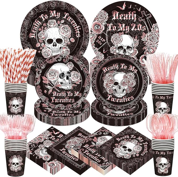 450 Pcs Death to My 20s Tableware Set Rose Gold Black 30th Birthday Party Decorations Rip to My 20s Paper Plates Napkins Cups Cutlery Straws for Women Funeral My Youth Birthday, Serves 50