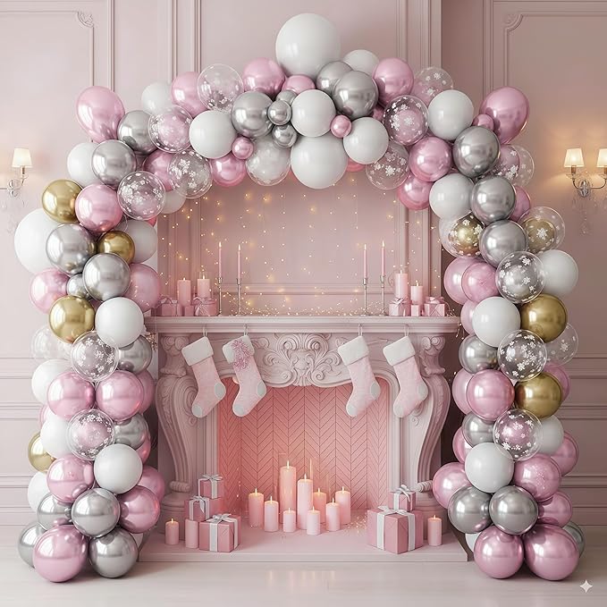 Pink White Winter Wonderland Snowflake Balloons Set, Metallic Light Pink Gold Silver White Snowflake Confetti Balloons for Girl Christmas Birthday Winter Onederland Baby Shower Xmas Party Decorations