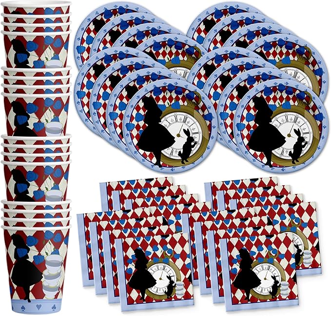 Alice in Wonderland Birthday Party Supplies Set - Alice in Wonderland Decorations - Alice in Wonderland 1st Birthday - Birthday Party for Girl | Tableware Includes Plates Napkins and Cups | Kit for 16