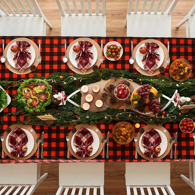 Kochorie 54 Inch x 300 Ft Red and Black Checkered Plastic Table Cloth Roll Disposable Red Black Buffalo Plaid Table Cover Roll with Easy Slide Cutter for Christmas Party/Home Dining/Decor