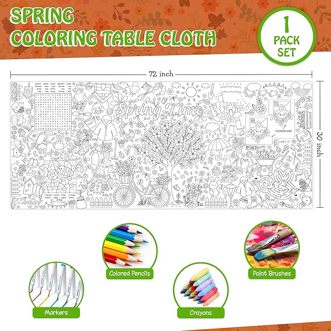 Spring Coloring Tablecloth for Kids, Giant 30x72 Inch Poster with Flowers, Rainbows, Nature Icons, Perfect for Party Games, Seasonal Decorations, Creative Activities, Event Supplies