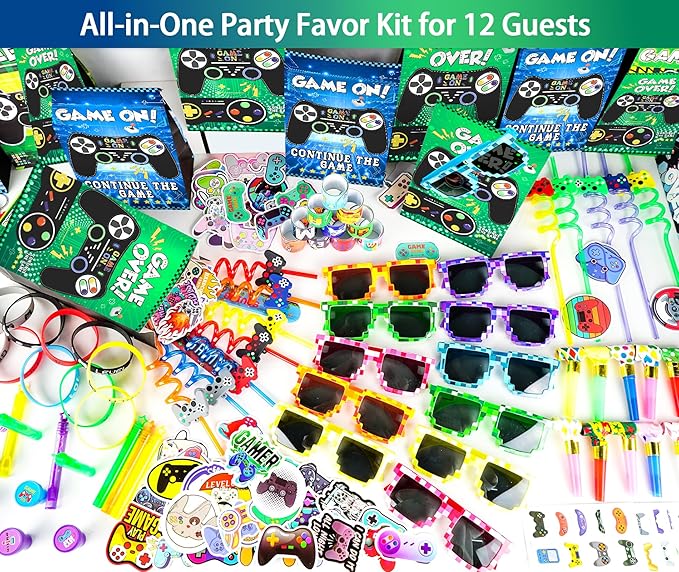 208Pcs Video Game Party Favors Set - 12 Guests, Gamer Goodie Bag Stuffers for Kids Gaming Theme Birthday Party Decorations Supplies & Piñata Fillers (Video Game Party Favors)