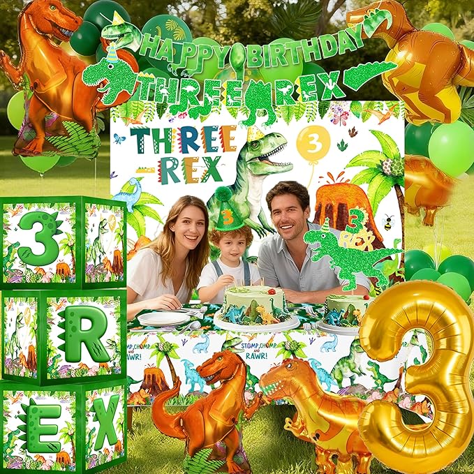 Three Rex Dinosaur 3rd Birthday Decorations For Boys – Dino 3rd Birthday Party Supplies With Banner, Letter Balloons, Backdrop, Tablecloth, Balloon And Boxes,Table Centerpieces For 3 Rex Party