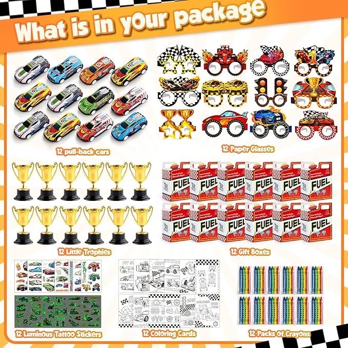 Race Car Party Favors Birthday Goodie Bags Supplies, Mini Race Car Trophy Cup Coloring Card with Crayon Gift Box Tattoo Sticker Paper Glasses, Boy Girl Kid Class Prize Racing Cars Birthday Decor