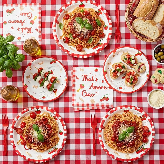 Haooryx Baby Pasta Noodle Party Tableware - 96Pcs Red Tomato Italian Noodle Baby Print Decor Disposable Paper Plates Napkins Plastic Forks for Baby Shower Boys Girls Birthday Party Table Decor Supply