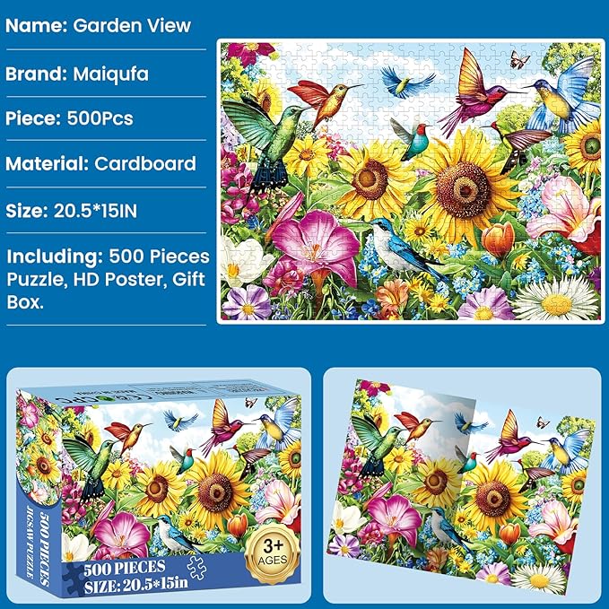 500 Pieces Puzzle for Adults - Summer Birds Garden Jigsaw Puzzle for Adults Teens,Recycled Cardboard Hummingbird Flowers Puzzle 500 Pieces,Challenging Game for Family Fun & Gift Idea,20.5 x 15 in