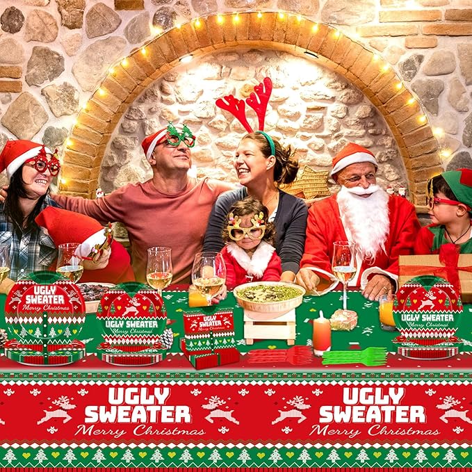 98 Pcs Christmas Ugly Sweater Party Supplies Tacky Sweater Party Plates Tablecloth Xmas Party Decorations for Christmas Holiday Tableware Set Paper Plates Napkins Forks for 24 Guests