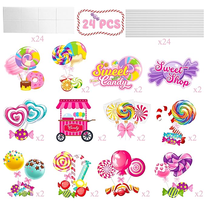 24Pcs Candyland Party Centerpieces Sticks Candyland Lollipop Table Toppers Sweet Candy Party Decorations for Candyland Theme Birthday Party Baby Shower Supplies