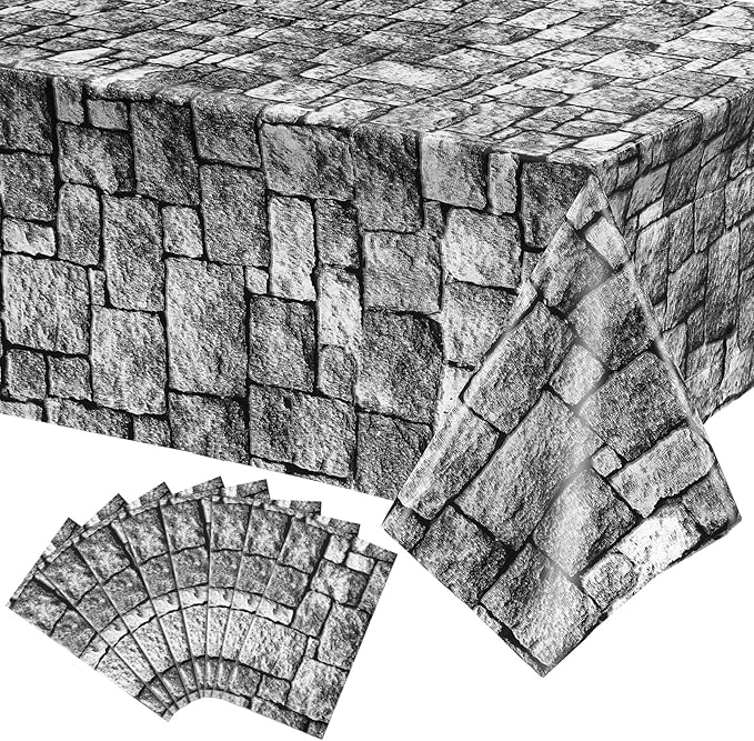 Irenare Halloween Stone Wall Tablecloths, Medieval Castle Party Decorations Supplies Disposable Plastic Brick Stone Tablecloth Brick Wall Table Covers for Birthday Party Favors(8 Pack,108 x 54 Inch)