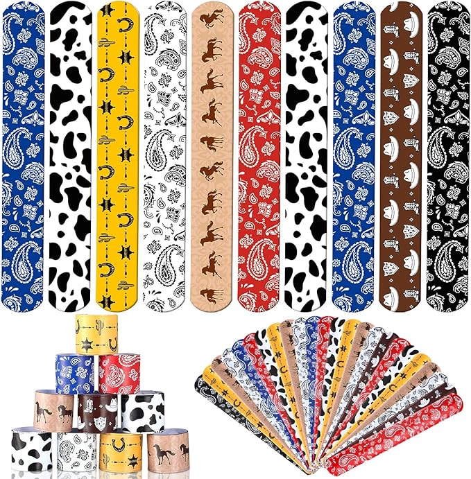 Sosation 96 Pack Western Party Slap Bracelets Cowboy Cowgirl Bracelets Horse Wristbands for Western Themed Parties Birthday Party Favors Supplies Decorations, 8 Styles