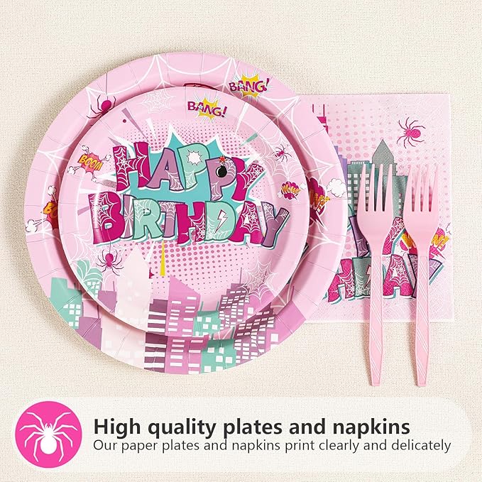 Grencian 96 Pcs Pink Spider Birthday Party Supplies Spider Web 4th Birthday Paper Plates Super Girl Hero Party Decorations Tableware for Kids Girls Four Year Old Party Decorstions Serves 24