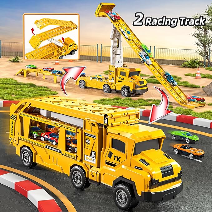 Truck Toys for Kids, Transport Vehicle with 12 Die-Cast Car, Double Race Car Track Cars Ramp Toy, Carrier Truck for Toddler 3-5, Christmas Birthday Gift for 3 4 5 6 7 8 Years Old Boys Girls