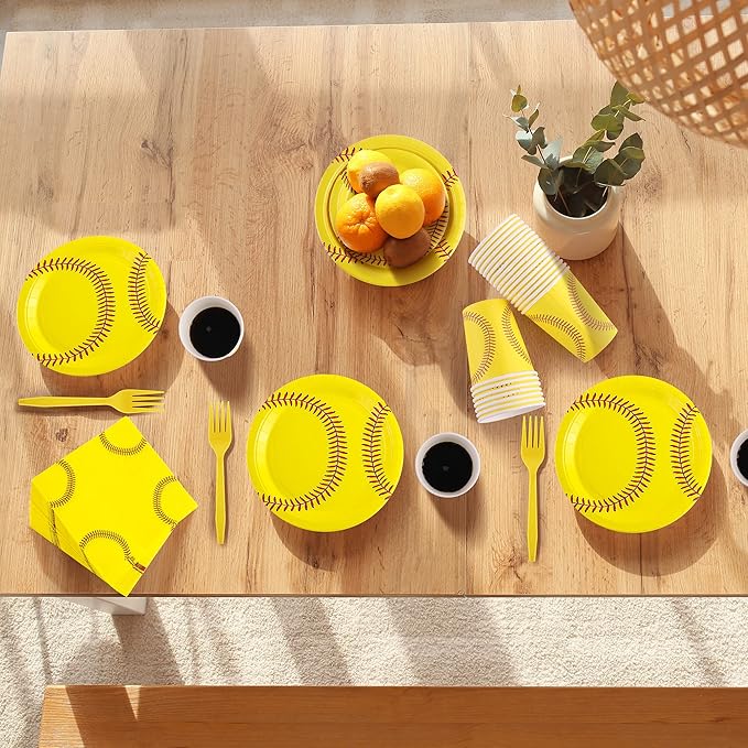 durony 144 Pieces Softball Paper Plates and Napkins Dinnerware Set Softball Birthday Party Tableware Supplies Includes Paper Plates Napkins Forks Serve 24 for Sports Party Supplies