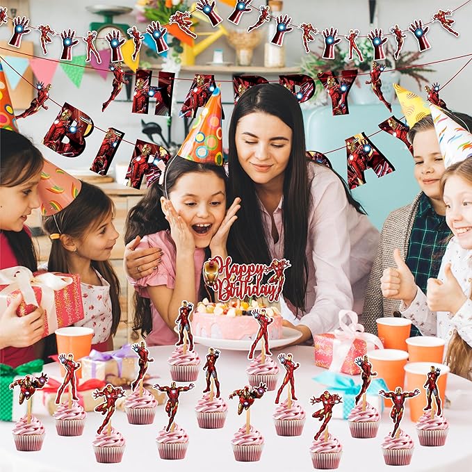 "Irn Man Theme Birthday Party Supplies – Superhero Party Decorations for Boys Girls – Includes Happy Birthday Banner, Cake Topper, Cupcake Picks, Garland, and Party Table Décor for Fans"