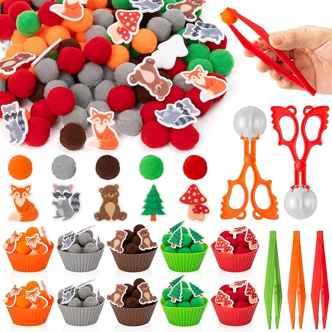 EZdhuawuse Woodland Animals Sensory Bin Fillers - 266Pcs Spring Animals Fine Motor Toys Sorting Stacking Toys for Kids, Felt Fox Bear Pom Poms Cup Clip for Preschool Education Development Activity