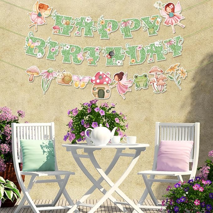3 Pcs Fairy Birthday Party Decorations Green Glitter Happy Birthday Banner Colorful Hanging Decor Funny Banner Cutout Garland for Themed Decorations Bridal Shower Garden Party Supplies