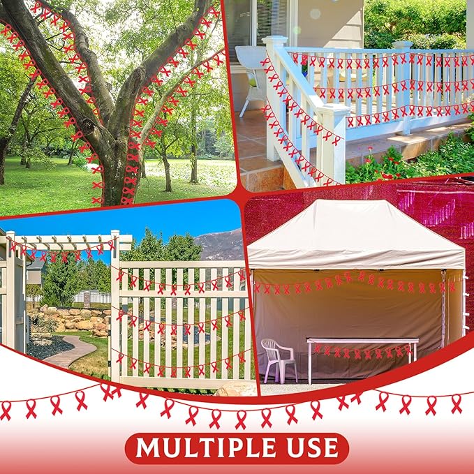 VitalCozy 10 Pcs Ribbon Awareness Banner 13.1 ft Ribbon Garland Cancer Awareness Decor Cancer Free Decorations for Society Events Groups Fundraisers Party Supplies(Red)