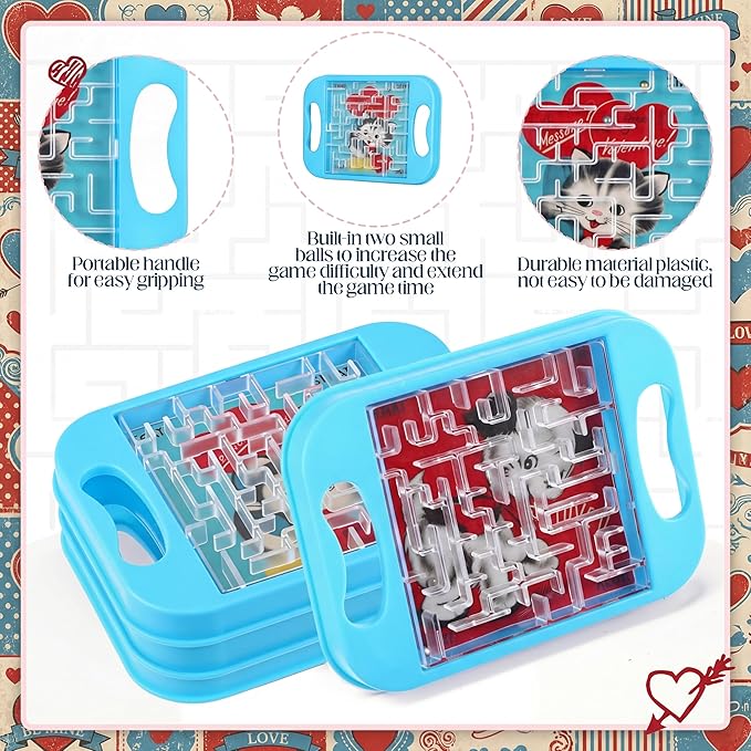 24 Pcs Valentine's Day Maze Puzzle Cube Bulk Maze Game with Card Educational Cube Handheld Brain Teaser Puzzles Valentine Party Favor for Kid Goodies Bag Exchange Gift