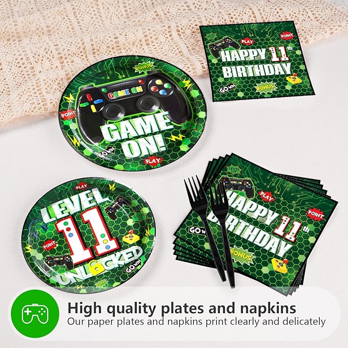 96Pcs 11th Birthday Video Game Party Supplies Green Video Game Paper Plates and Napkins Tableware Sets Gaming 11 Years old Birthday Decorations for Kids Boys 11th Birthday Gamer Gaming Party Serve 24