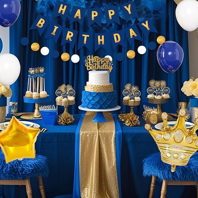 Blue And Gold Birthday Decorations for Men,Fringe Curtains Happy Birthday Banner,Red balloons,Cake Toppers for Boys