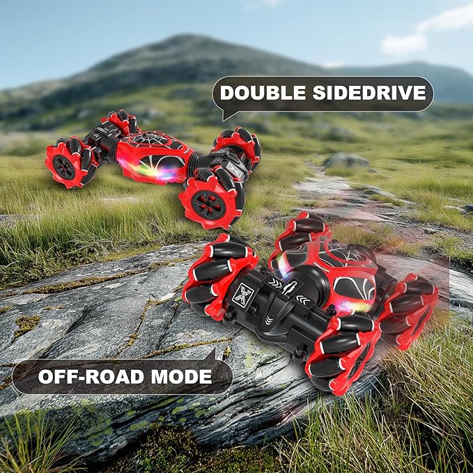 Gesture RC Car Red,1:24 High Speed 4WD Transform Stunt Car with Gesture & Remote Control, 360° Rotation Drift Vehicle with LED Lights Music, Racing Toy Cars Gift for Boys Girls Age 6-12