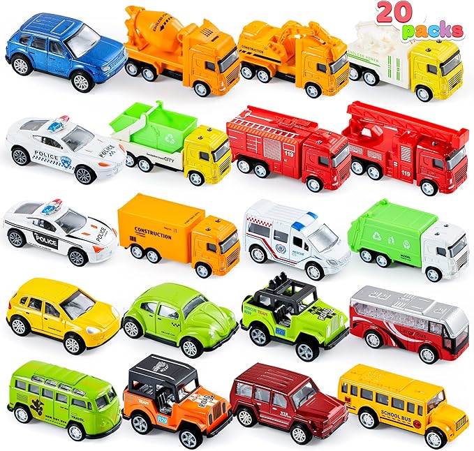 JOYIN 20PCS Die Cast Pull Back Cars, Metal Toy Cars, Car Toys Bulk, Vehicle Set for Toddlers, Kids Party Favors, Cake Toppers, Stocking Stuffers, Race Cars Toys for Boys, Easter Basket