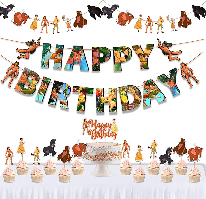 "Tarzn Theme Birthday Party Supplies – Jungle Safari Adventure Decorations – Includes Happy Birthday Banner, Cake Topper, Cupcake Toppers, Garland, and Jungle Party Table Décor for Celebrations"