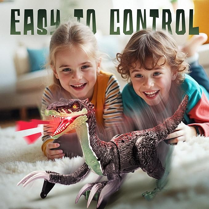 Remote Control Dinosaur Toy for Kids - RC Dinosaur - Walking Velociraptor Toy with Mist Spray, Lights & Roar - Birthday Gift Ideas for Boys and Girls 3-5 5-7 8-12 Year Old