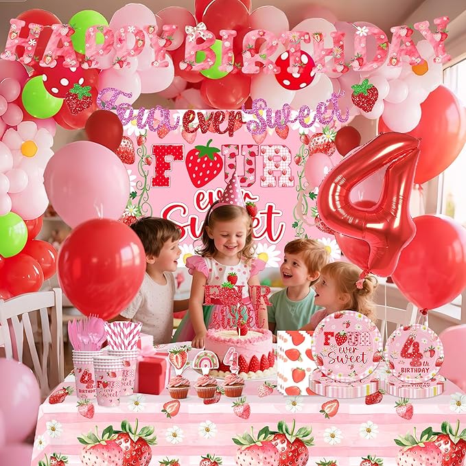 Strawberry 4th Birthday Decorations, 4th Birthday Party Decorations,Four Ever Sweet Party Supplies for include Tableware Set Plates and Napkins Balloon Backdrop Tablecloth Serve 20