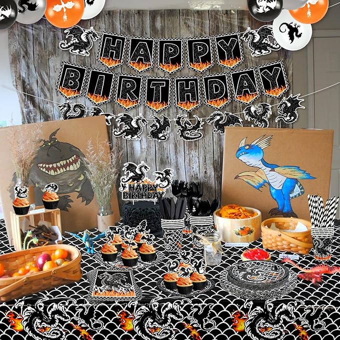 Dragon Birthday Party Decoration ,Including Happy Birthday Party Banner, Dinner Plates, Dessert Plates, Cups, Napkins, Tablecloth, Balloons, Straws, for Dragon Theme Party Supplies 20 Guest (A)