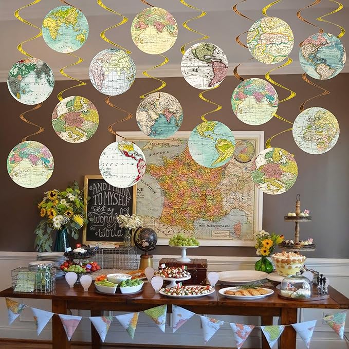 Globe Vintage World Map Hanging Swirls Travel Party Hanging Decorations Earth Globe Theme Ceiling Streamers for Travel Around The World Birthday Party Baby Shower Supplies