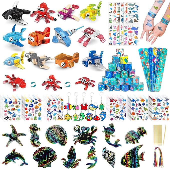 LINAYE 24 Packs Ocean Party Favors for Kids - 144 Pcs Under The Sea Party Favors with Marine Animals Building Blocks, Tattoo Stickers Sheets, Slap Bracelets Goodie Bag Stuffers for Kids