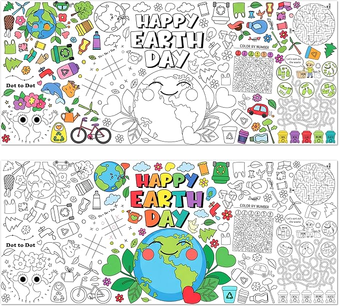 Dvbonike 2Pcs Jumbo Happy Earth Day Coloring Activity Poster - Planet Mini Fun Games DIY Drawing Color-in Paper 55.1 x 23.6 Inch Blank Doodle Art Banner, Home School Educational Event Party Supplies