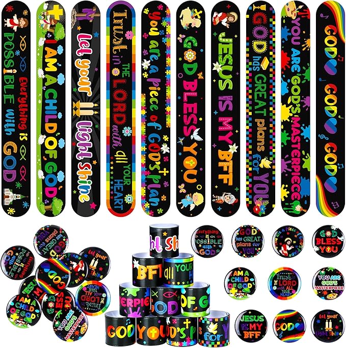Frienda 60 Pcs Christian Easter Gifts for Kids Religious Slap Bracelets with Badges Christian Gifts Jesus Love You Wristbands Bracelets for VBS Sunday School Supplies Birthday Party Favors(Jesus)
