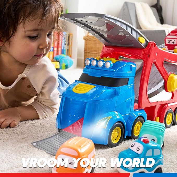 JOVA Extra Large Toy Trucks for Toddlers, 3-Layer City Trucks for Kids, 7-in-1 Big Transport Carrier Truck with Siren & Lights and 6 Toy Cars, Birthday Gifts for Boys